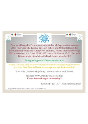 Veranstaltung: Wasserschlacht hinter dem MGH Altenpleen mit super Wasser-Hüpfburg Mi 03.​09.​2025