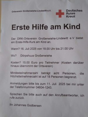 Veranstaltung: Erste Hilfe am Kind – Kurs des DRK Ortsvereins Großenwiehe-Lindewitt e.V. Mi 16.​07.​2025