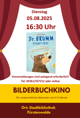 Veranstaltung: BilderBuchKino "Dr. Brumm steckt fest" Di 05.​08.​2025