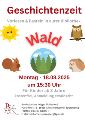 Veranstaltung: Geschichtenzeit – Vorlesen und Basteln zum Thema Wald Mo 18.​08.​2025