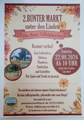 Veranstaltung: 2. Bunter Markt unter den Linden in Laasdorf: Altes, Neues, Selbstgemachtes