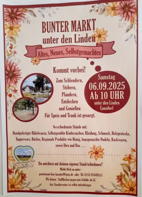 Veranstaltung: Bunter Markt unter den Linden in Laasdorf Sa 06.09.2025