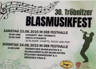 Veranstaltung: 30. Tröbnitzer Blasmusikfest - Konzert & großes Finale So 24.08.2025
