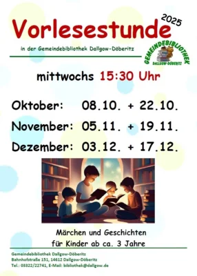 Veranstaltung: Vorlesestunde f&uuml;r Kinder ab 3 Jahre in der Gemeindebibliothek Mi 05.​11.​2025