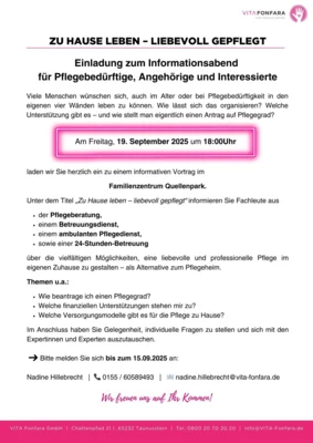Veranstaltung: Nicht im HdB - aber wichtig und spannend: Informationsabend: &bdquo;Zu Hause leben &ndash; liebevoll gepflegt&ldquo; Fr 19.​09.​2025