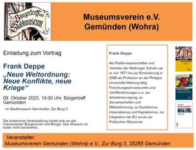 Veranstaltung: Neue Weltordnung: Neue Konflikte, neue Kriege - Vortrag von Frank Deppe Do 09.​10.​2025