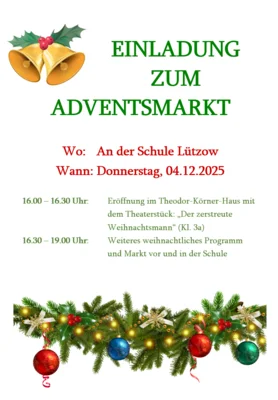 Veranstaltung: traditioneller Adventsmarkt vor und in der Schule Do 04.​12.​2025