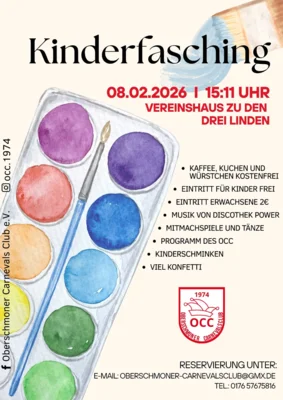 Kinderfasching im Vereinshaus zu den drei Linden am 8.2.26 ab 15:11 Uhr