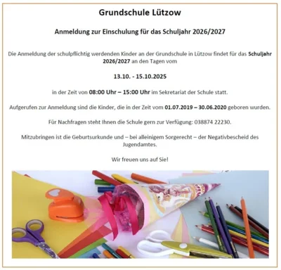 Veranstaltung: Anmeldung f&uuml;r das Schuljahr 2026/2027 Schule L&uuml;tzow 13. – 15.10.2025