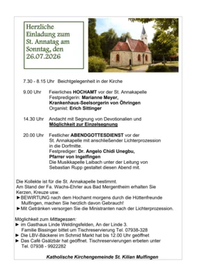 Veranstaltung: St. Annatag Festgottesdienst Abendgottesdienst mit Lichterprozession So 26.​07.​2026
