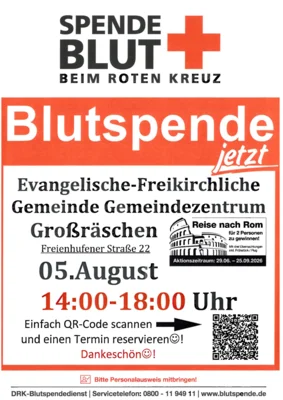 Veranstaltung: Blutspende in Gro&szlig;r&auml;schen Mi 05.​08.​2026