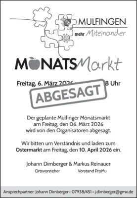 Veranstaltung: Der Monatsmarkt in der Ortsmitte ist ABGESAGT! Fr 06.​03.​2026