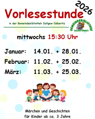 Veranstaltung: Vorlesestunde f&uuml;r Kinder ab 3 Jahre in der Gemeindebibliothek Mi 25.​03.​2026