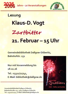 Veranstaltung: Lesung &bdquo;Zartbitter&ldquo; von Klaus-D. Vogt Sa 21.​02.​2026
