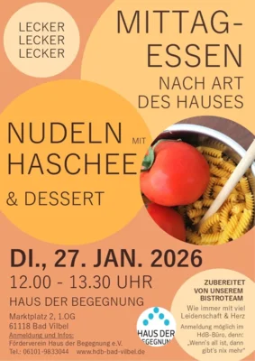 Veranstaltung: Heute gibt es Nudeln mit Hasche beim Mittagessen nach Art des Hauses Di 27.​01.​2026