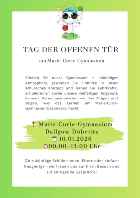 Veranstaltung: - F&Auml;LLT AUS - Tag der offenen T&uuml;r am Marie-Curie-Gymnasium Sa 10.​01.​2026
