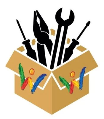 Box mit Werkzeug und buntem W ist das Logo vom Reparaturcafé Karlshuld