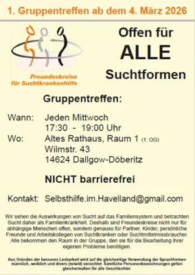 Veranstaltung: Selbsthilfe im Havelland - Offen f&uuml;r alle Suchtformen Mi 22.​04.​2026