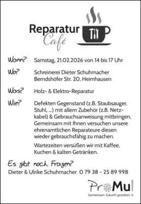 Veranstaltung: Reparaturcaf&eacute; Sa 21.​02.​2026