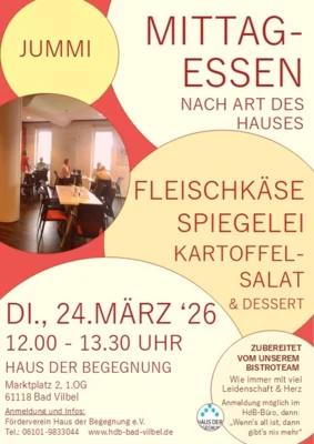 Veranstaltung: Mittagessen nach Art des Hauses - Fleischk&auml;se, Spiegelei und Kartoffelsalat Di 24.​03.​2026