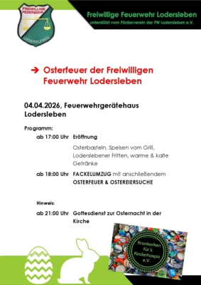 Osterfeuer der Freiwilligen Feuerwehr Lodersleben am 4. April ab 17 Uhr