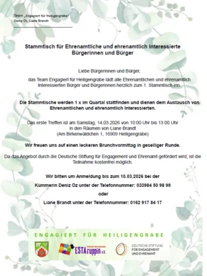 Veranstaltung: Stammtisch f&uuml;r Ehrenamtliche und ehrenamtlich interessierte B&uuml;rgerinnen und B&uuml;rger Sa 14.​03.​2026