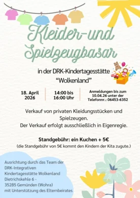 Veranstaltung: Kleider- und Spielzeugbasar - DRK KiTa Wolkenland Sa 18.​04.​2026