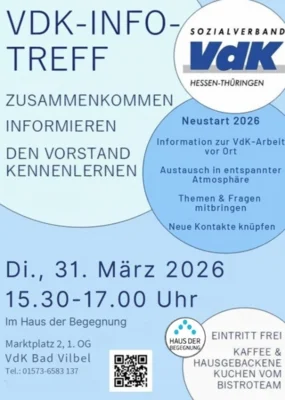 Veranstaltung: Neustart des VdK-Infotreffs in Bad Vilbel &ndash; Kennenlernen und Austauschen bei Kaffee & Kuchen Di 31.​03.​2026