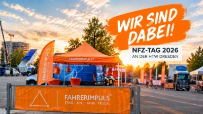 Fahrerimpuls beim Nutzfahrzeugtag an der HTW Dresden mit Informationsstand rund um Ausbildung und Berufe in der Logistikbranche.