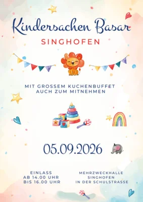 Plakat für den Kindersachen-Basar am 5.9.2026 von 14-16 Uhr in der Mehrzweckhalle