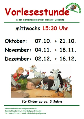 Veranstaltung: Vorlesestunde f&uuml;r Kinder ab 3 Jahre in der Gemeindebibliothek Mi 07.​10.​2026