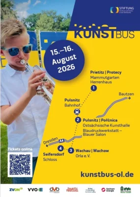 Flyer mit Ticket QR Code für die Tour des Kunstbus am 15. + 16.08.2026