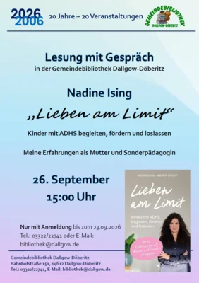Veranstaltung: Lesung mit Gespr&auml;ch zum Thema Neurodivergenz &bdquo;Lieben am Limit &ndash; Kinder mit ADHS begleiten, f&ouml;rdern und loslassen&ldquo; Sa 26.​09.​2026