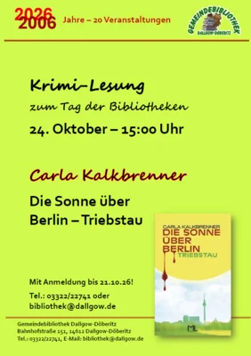 Veranstaltung: Krimi-Lesung der Journalistin, Autorin und Verlegerin Carla Kalkbrenner Sa 24.​10.​2026