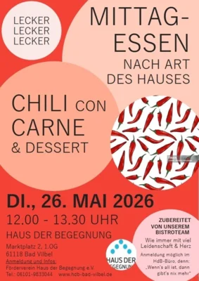Veranstaltung: Chili con Carne beim Mittagessen nach Art des Hauses Di 26.​05.​2026