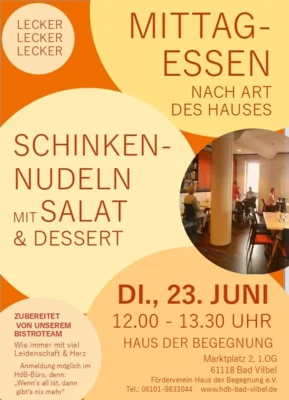 Veranstaltung: Schinkennudeln mit Salat und Dessert beim Mittagessen nach Art des Hauses Di 23.​06.​2026
