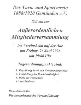 Veranstaltung: Au&szlig;erordentliche Mitgliederversammlung - TSV Gem&uuml;nden Fr 26.​06.​2026