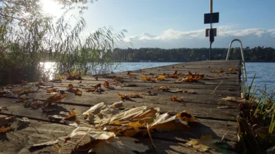 Herbstlicher Blick vom Steg bei der Villa Fohrde auf die Havel