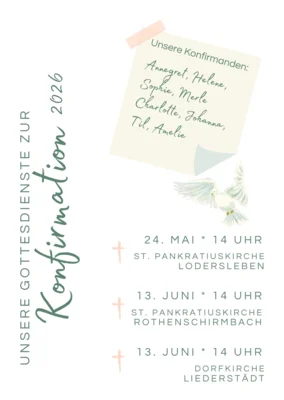 Konfirmationsgottesdienst in Liederstädt am 13. Juni um 14 Uhr
