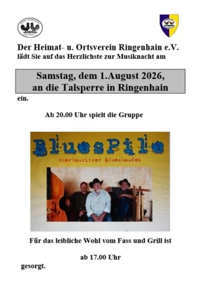 Veranstaltungsflyer Musiknacht mit BluePile an der Talsperre Ringenhain am 01.08.2026 ab 17 Uhr