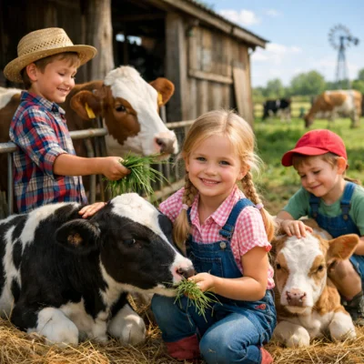 Kinder mit Kälbern (KI-generiert) (Bild vergr&ouml;&szlig;ern)