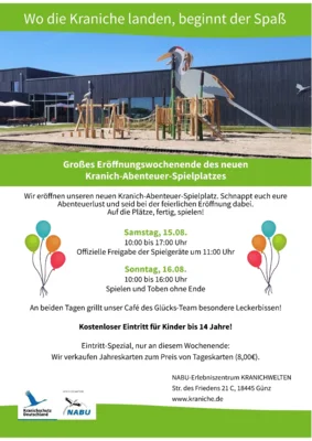 Veranstaltung: Großes Eröffnungswochenende am 15.08/ 16.08 des neuen Kranich-Abenteuer-Spielplatzes Sa 15.​08.​2026