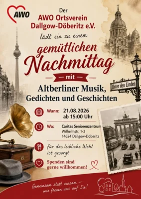 Veranstaltung: Gem&uuml;tlicher AWO-Nachmittag mit Altberliner Musik, Gedichten und Geschichten Fr 21.​08.​2026