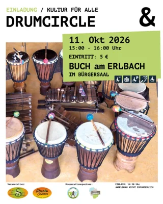Plakat Drumcircle: Trommeln und Logos der Veranstalter