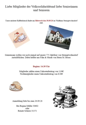 Einladung der VS Ortsgruppe Steinigtwolmsdorf zum Kaffeeklatsch ins Waldhaus am 30.09.2026