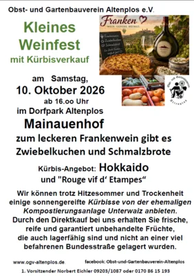 Veranstaltung: Kleines Weinfest mit K&uuml;rbisverkauf Sa 10.​10.​2026