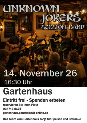 Flyer mit Bild der Band und Veranstaltungshinweisen (KI generiert) ©Gartenhaus Pansfelde (Bild vergr&ouml;&szlig;ern)