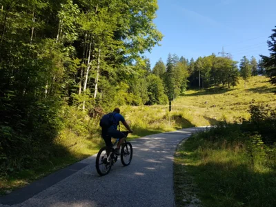 Mountainbiker fährt die Straße hoch
