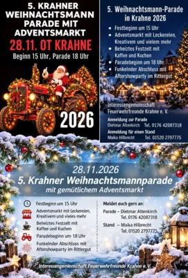 Veranstaltung: 5. Krahner Weihnachtsmannparade mit Adentsmarkt Sa 28.​11.​2026