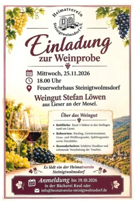 Einladung zur Weinprobe mit dem Weingut Stefan Löwen am 25.11.2026 um 18 Uhr